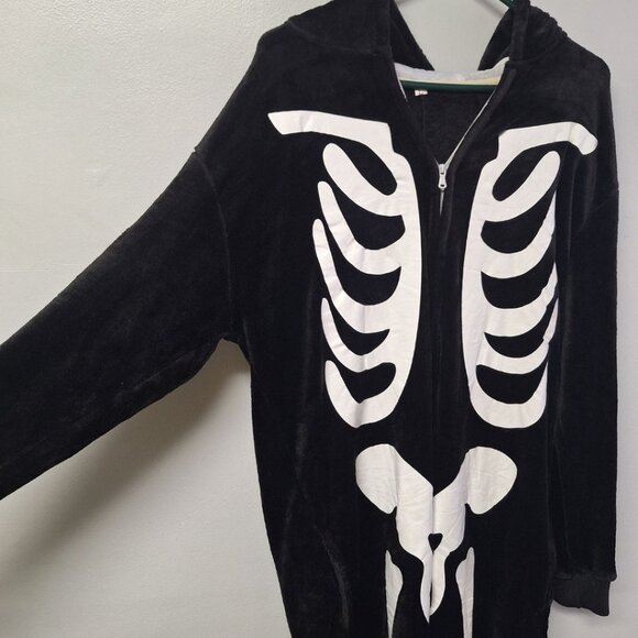 Skeleton One Piece Pajama Full Zip Bones Black Adult‎ Large Hood Face X Ray Rad - Picture 5 of 7